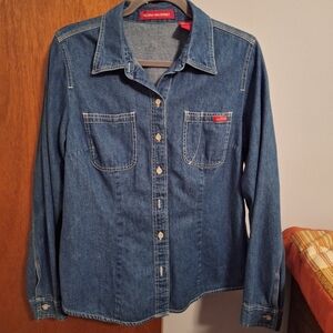 Gloria Vanderbilt Women's Denim Button-Up Shirt Triple Stitching Size L